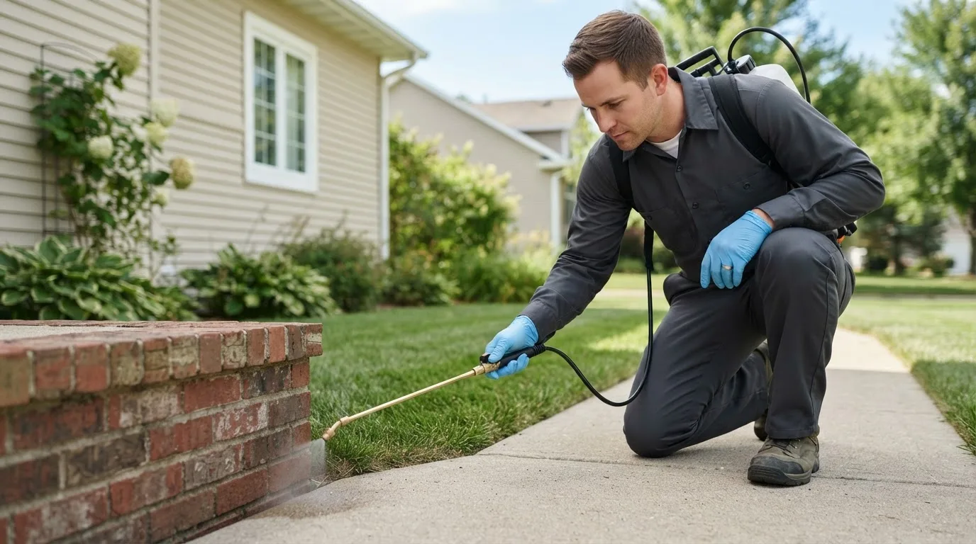 Pest control technician treating a home near Landers, CA